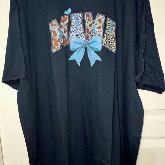 Gildan Black Short Sleeve Tee with Blue Bow Design - Picture 2 of 5